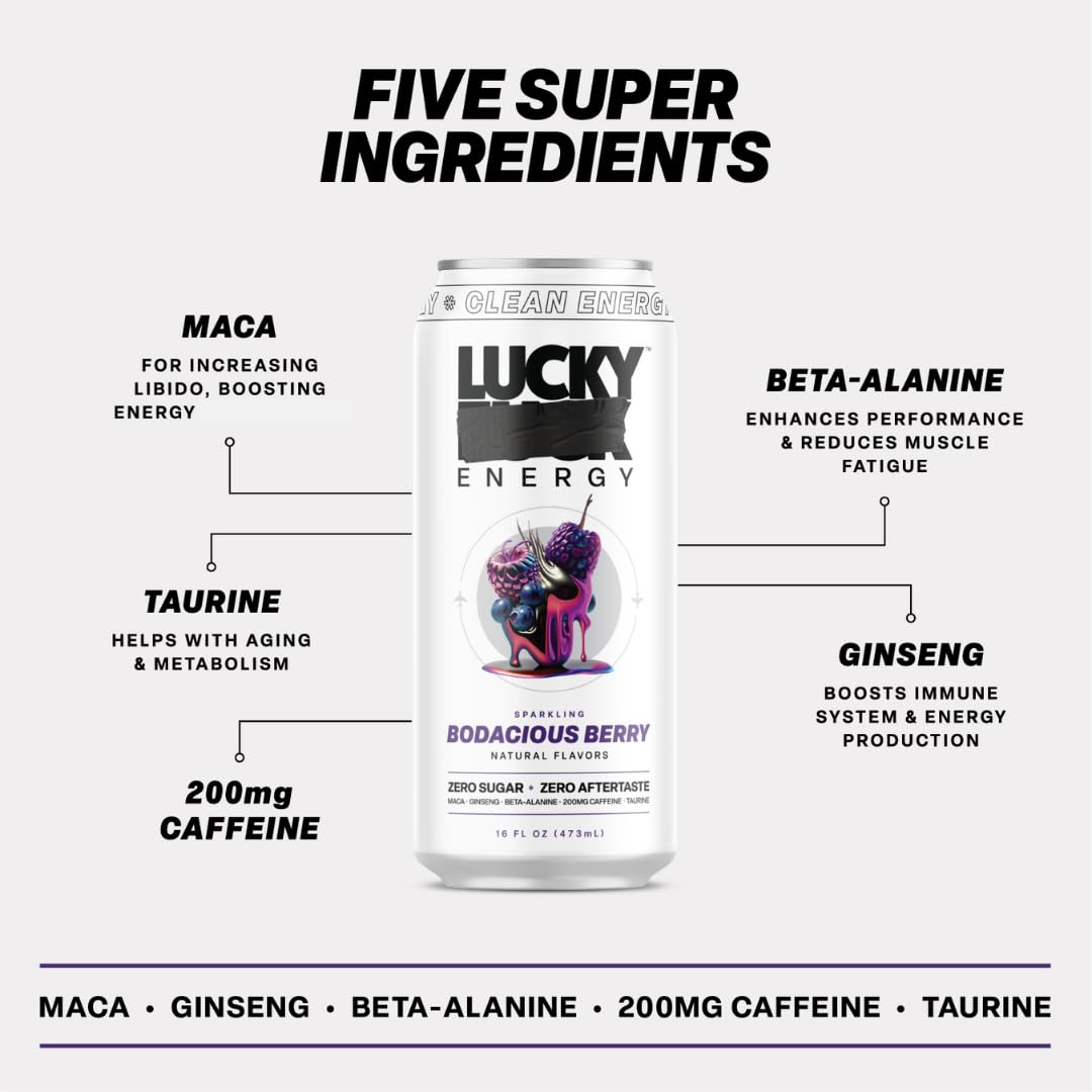 Lucky Energy Sugar Free Energy Drink, Bodacious Berry, 16oz Cans, 12-Pack, 200mg Caffeine, Zero Sugar, with Maca & Ginseng