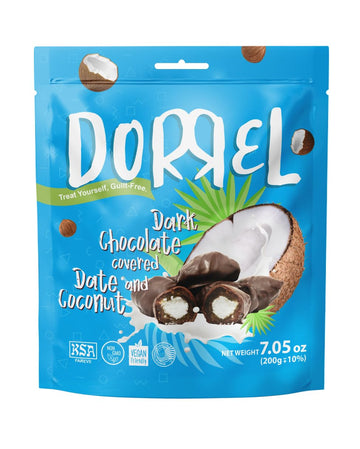 DORREL - Belgian Dark Chocolate Covered Dates (Medjool) with Coconut Stuffing, High Energy Vegan Choco Snack, Delicious, Kosher 