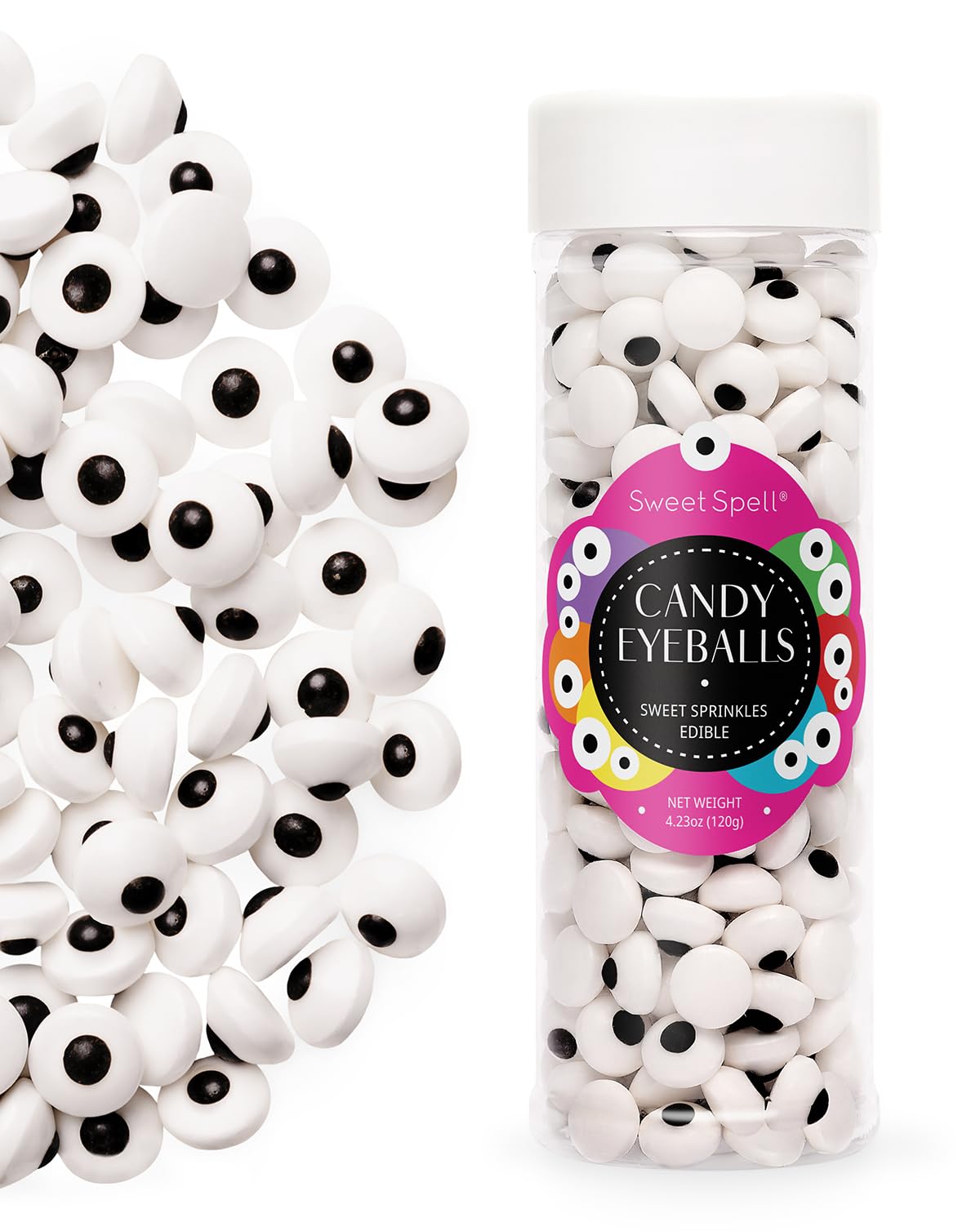 Sweet Spell Candy Eyeballs - 260 Edible Sprinkles for Halloween Baking, 120g, Small, White