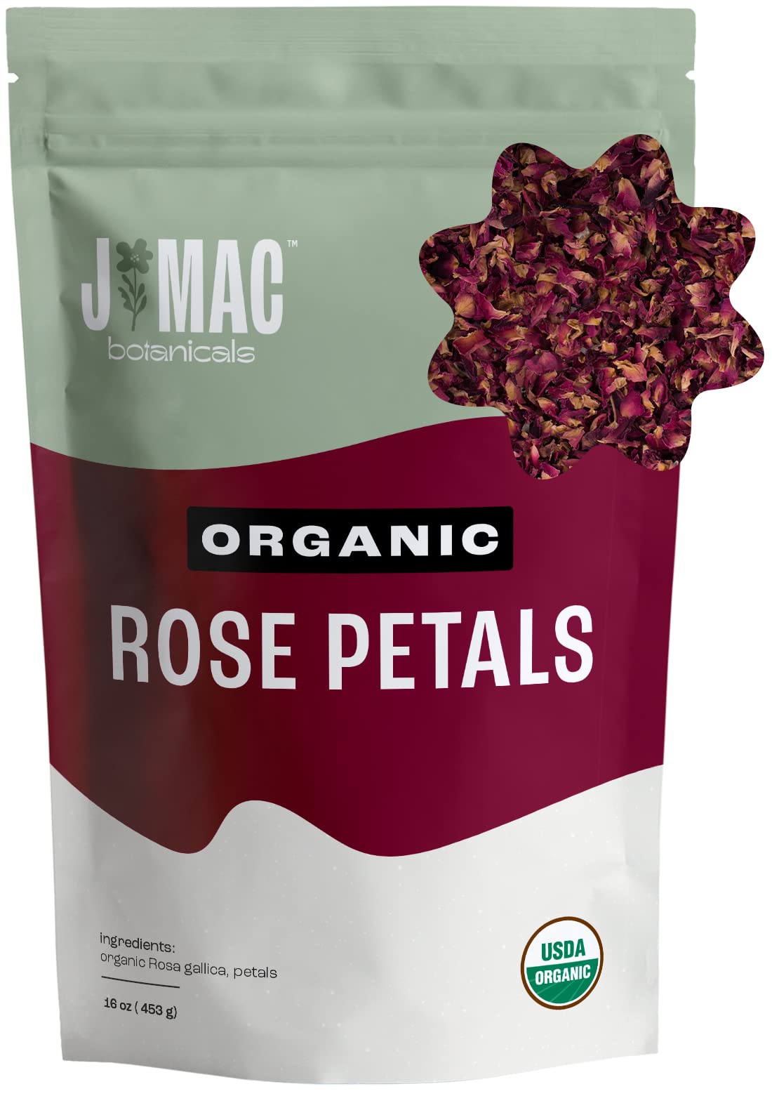 J MAC BOTANICALS Organic Rose Petals, Culinary Grade, 16 oz, Edible, Dry Rose Petals for Tea, Cooking, Crafts