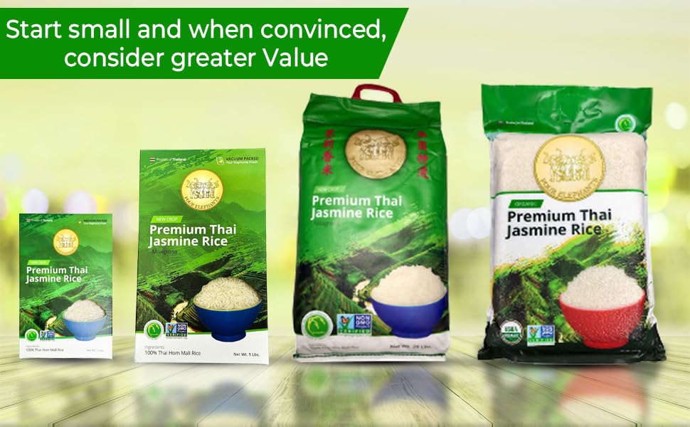 5 Pounds (Lbs) Premium Thai Hom Mali Jasmine Rice | Endorsed By Pro Chefs | Four Elephants Brand | Diy Friendly Cooking Instructions Packaging