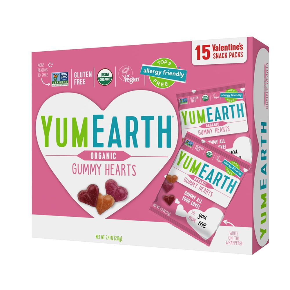 YumEarth Organic Valentine Sugarcoated Gummy Fruit Hearts - Fruity Candy, Gluten Free Snacks for Kids - Allergy Friendly, Non-GM