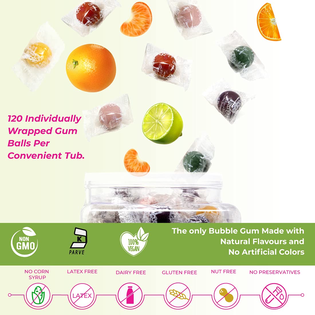 Tree Hugger Bubble Gum, Citrus Berry, Natural Flavors, No Artificial Colors, 120 Count Tub