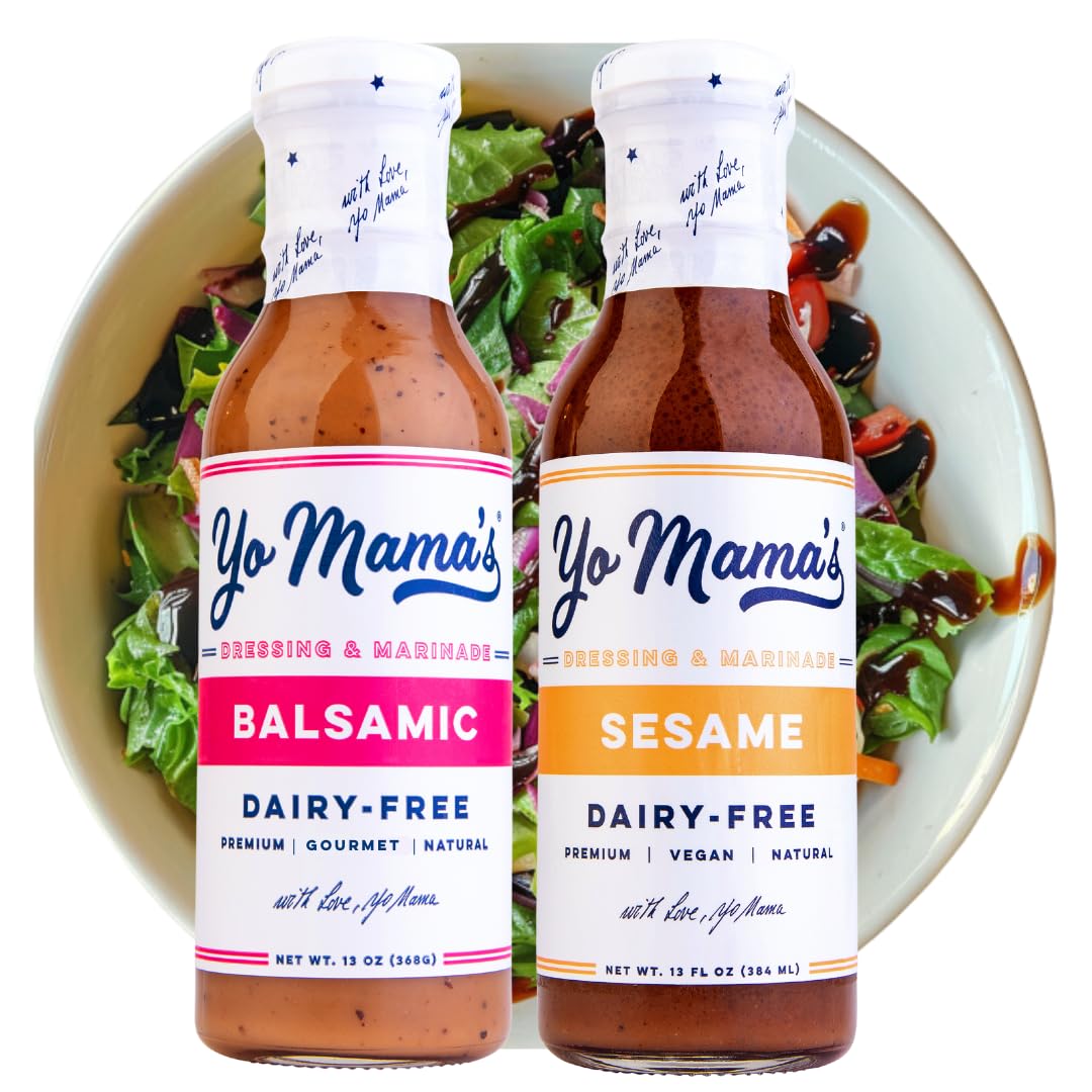 Yo Mamas Foods Gourmet Honey Balsamic & Asian Sesame Dressing Combo Pack, Low Carb, Gluten-Free, 13 Ounce (Pack of 2)
