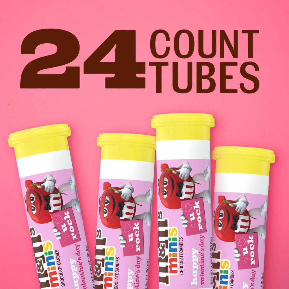 M&M'S Valentine's MINIS Milk Chocolate Candy, 1.08 oz Tube, Bulk Pack of 24, Perfect for Valentine's Day Gifts