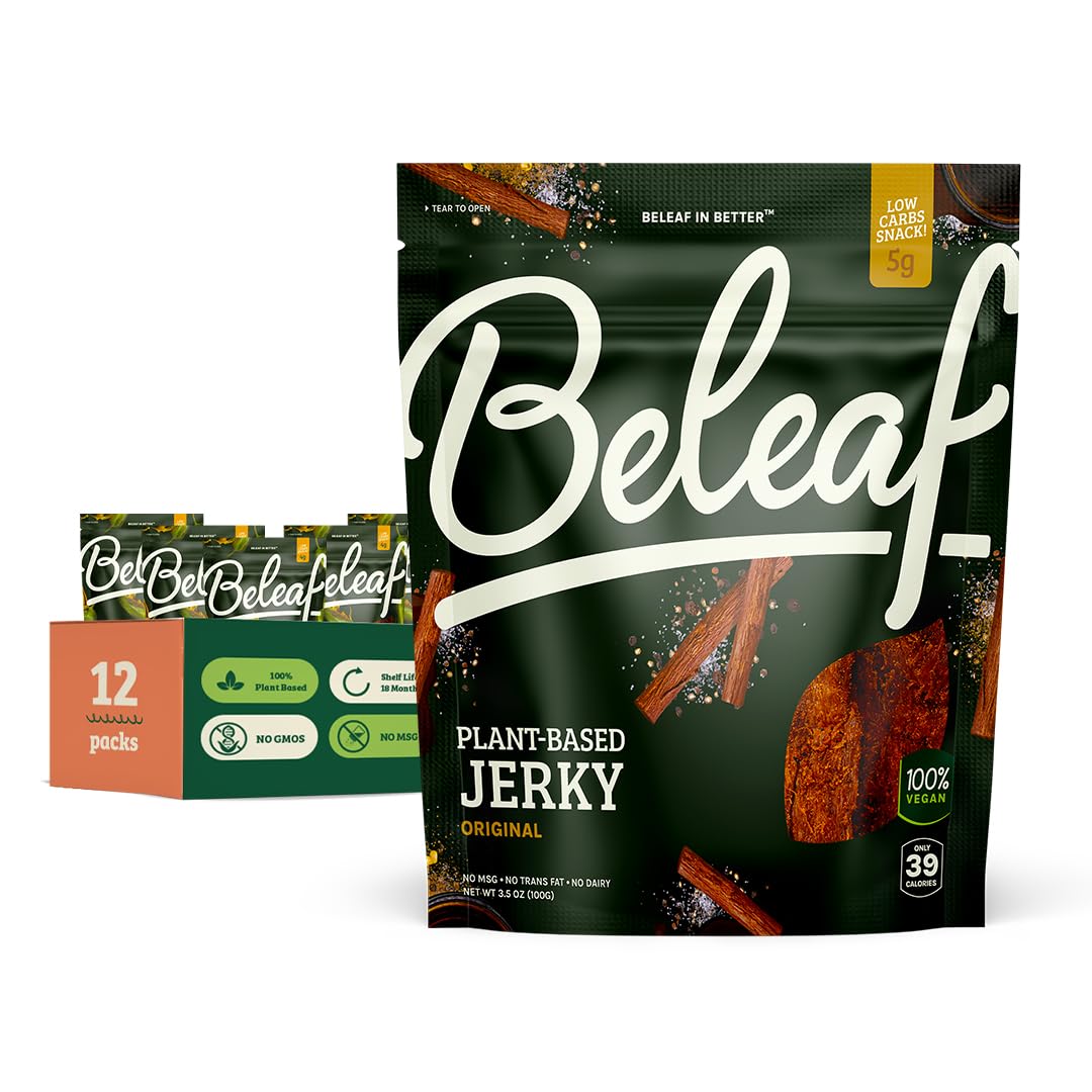 BE LEAF Plant-Based Jerky - High-Protein Vegan Snack, 3.5 oz Pack of 12