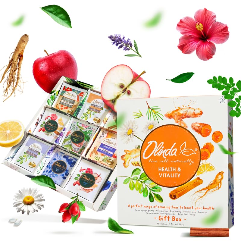 Olinda Health & Vitality Tea Gift Box - Organic Tea Bags, Low Caffeine, 45 Count, Premium Variety Pack, Individually Wrapped