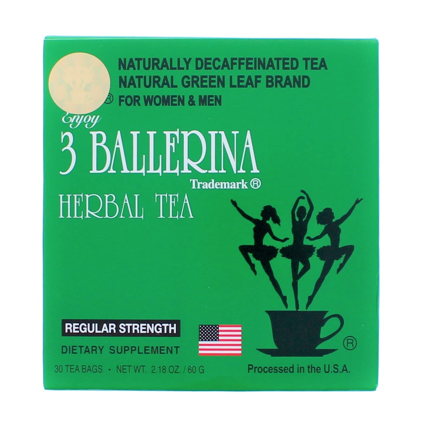 3 Ballerina Natural Green Leaf Diet Tea, Caffeine Free, Regular Strength, 30 Bags, Pack of 3