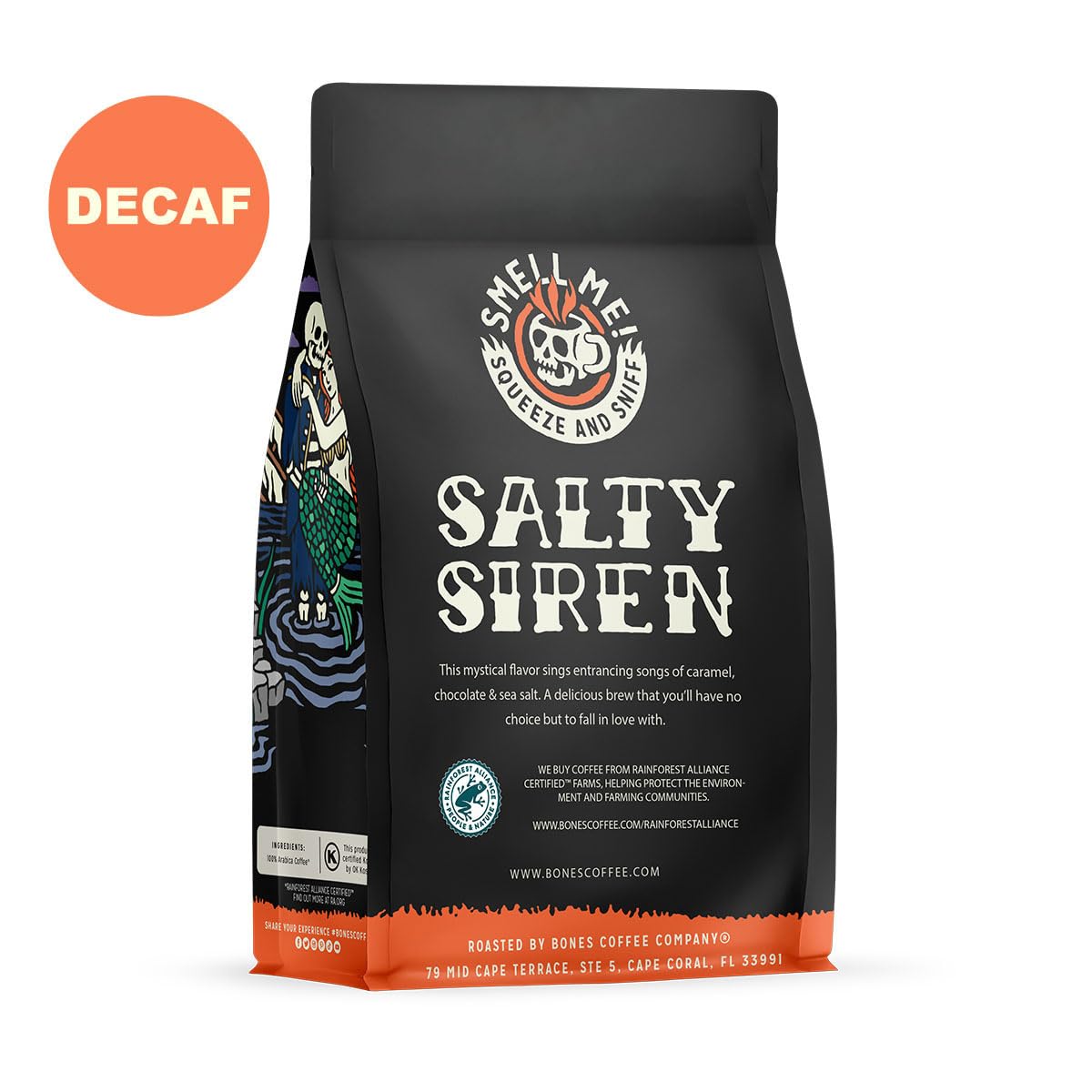 Bones Coffee Company Decaf Salty Siren, Sea Saled Caramel Chocolate Decaffeinated Flavored Coffee, Medium Roast Low Acid Arabica Beans For Auto Drip And French Press Coffee Maker, 12 Oz Ground
