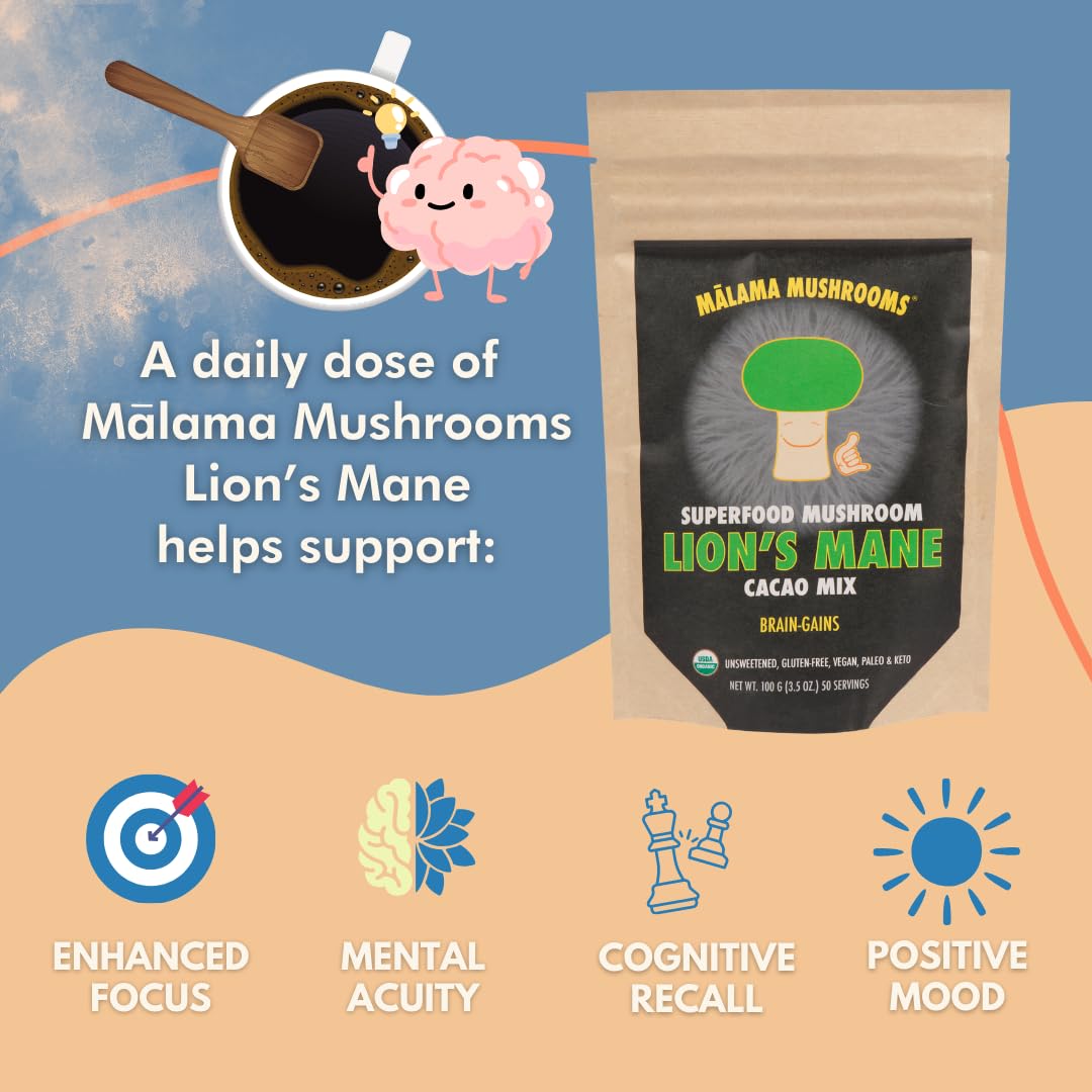 Lion'S Mane Hot Cacao Mix By Malama, Organic Fruiting Body Lion'S Mane Mushroom Extract Blended With Fair Trade Cacao And Cinnam