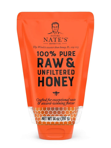 Nate's 100% Pure, Raw & Unfiltered Honey, No-Drip Sustainable Squeeze Pouch; Purity Guarantee, No Additives, 14 Ounce