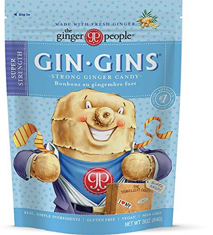 The Ginger People GIN GINS Super Strength Ginger Candy, Pack of 12, Individually Wrapped, 3 oz Bags