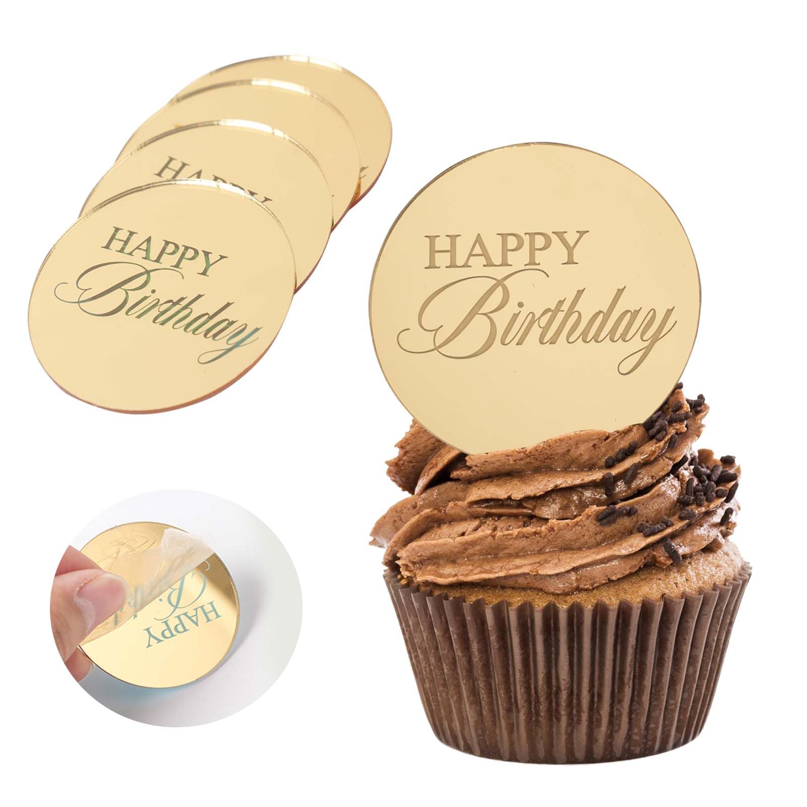 Wolpark Gold Mirror Acrylic Cupcake Toppers, 20pcs, 1.97 inches, Engraved Cake Picks for Birthday Party Decorations