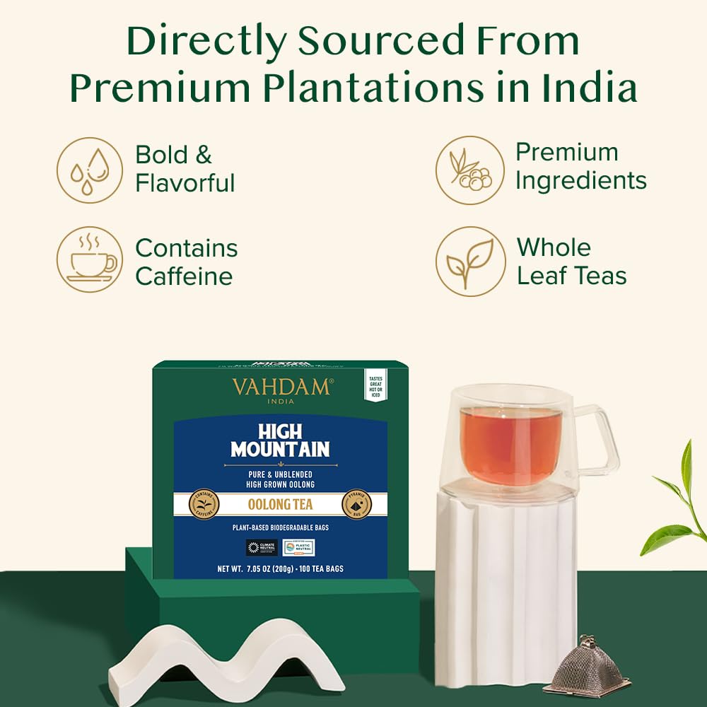 VAHDAM High Mountain Oolong Tea Bags - 100 Count, Non-GMO, Gluten Free, Light & Floral, Resealable Ziplock Pouch