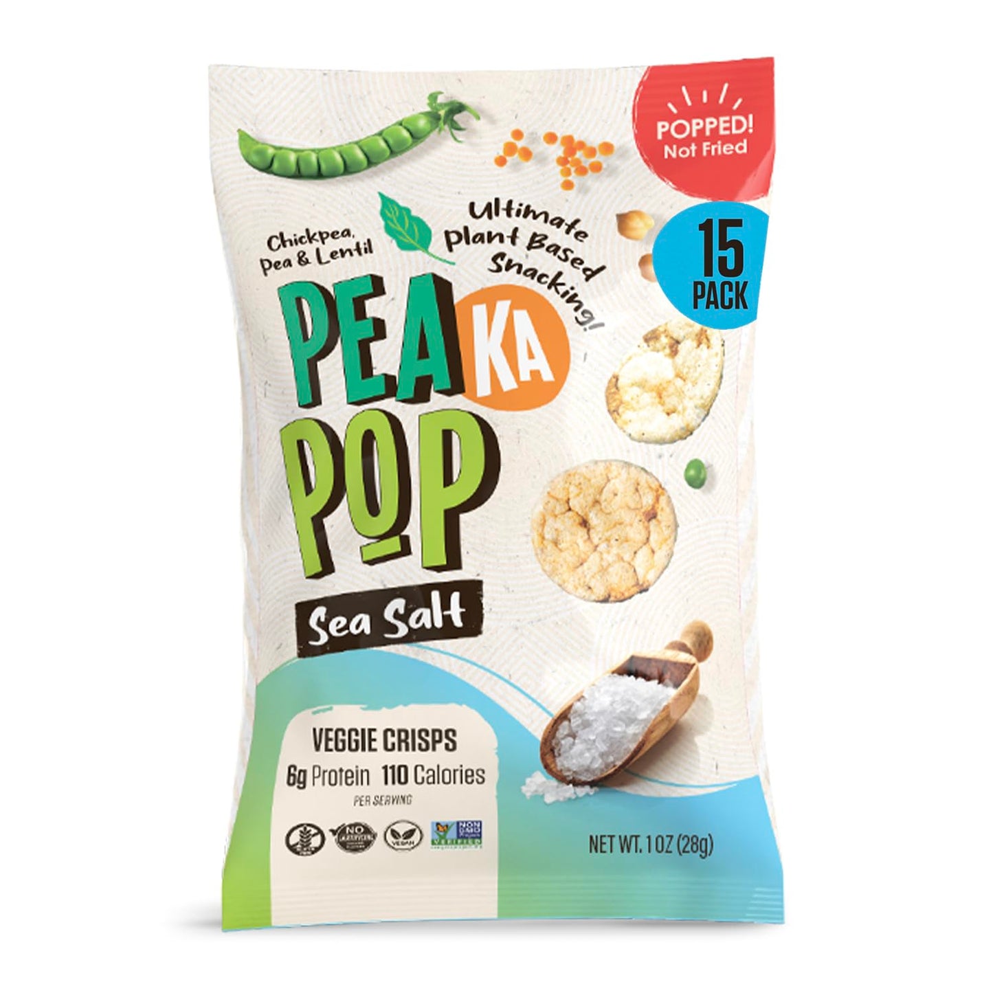 PEAKAPOP Veggie Chips - Plant-Based Crisps with Pea, Lentil & Chickpea Protein - Vegan, Gluten-Free - 15 oz (15-Pack) - Sea Salt