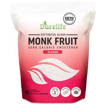 Durelife Monk Fruit Sweetener, Classic - White Sugar Substitute, Keto Diet Friendly, 1:1 Sugar Replacement, Zero Calorie, White Sugar Substitute, Classic White - 3 Lb (Packaging May Vary)