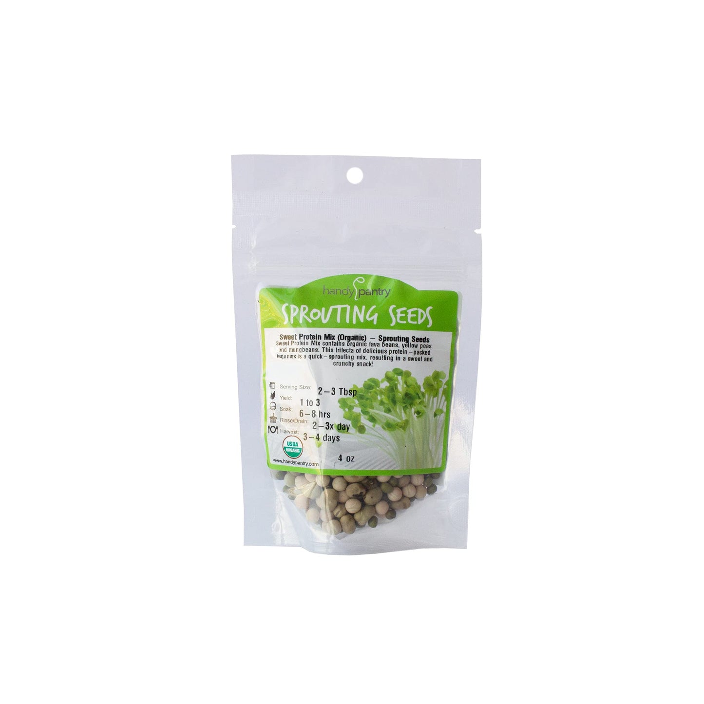 Organic Sprouting Seeds - Handy Pantry Sweet Protein Mix 4 oz. - Fava Bean, Mung Bean, & Yellow Pea Seeds - High Protein Food fo