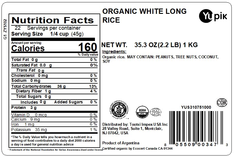 Yupik Organic White Long Rice, 2.2 Lb, Non-Gmo, Gluten-Free, Vegan, Good Source Of Protein, Fiber & Iron, Easy To Cook (Pack of