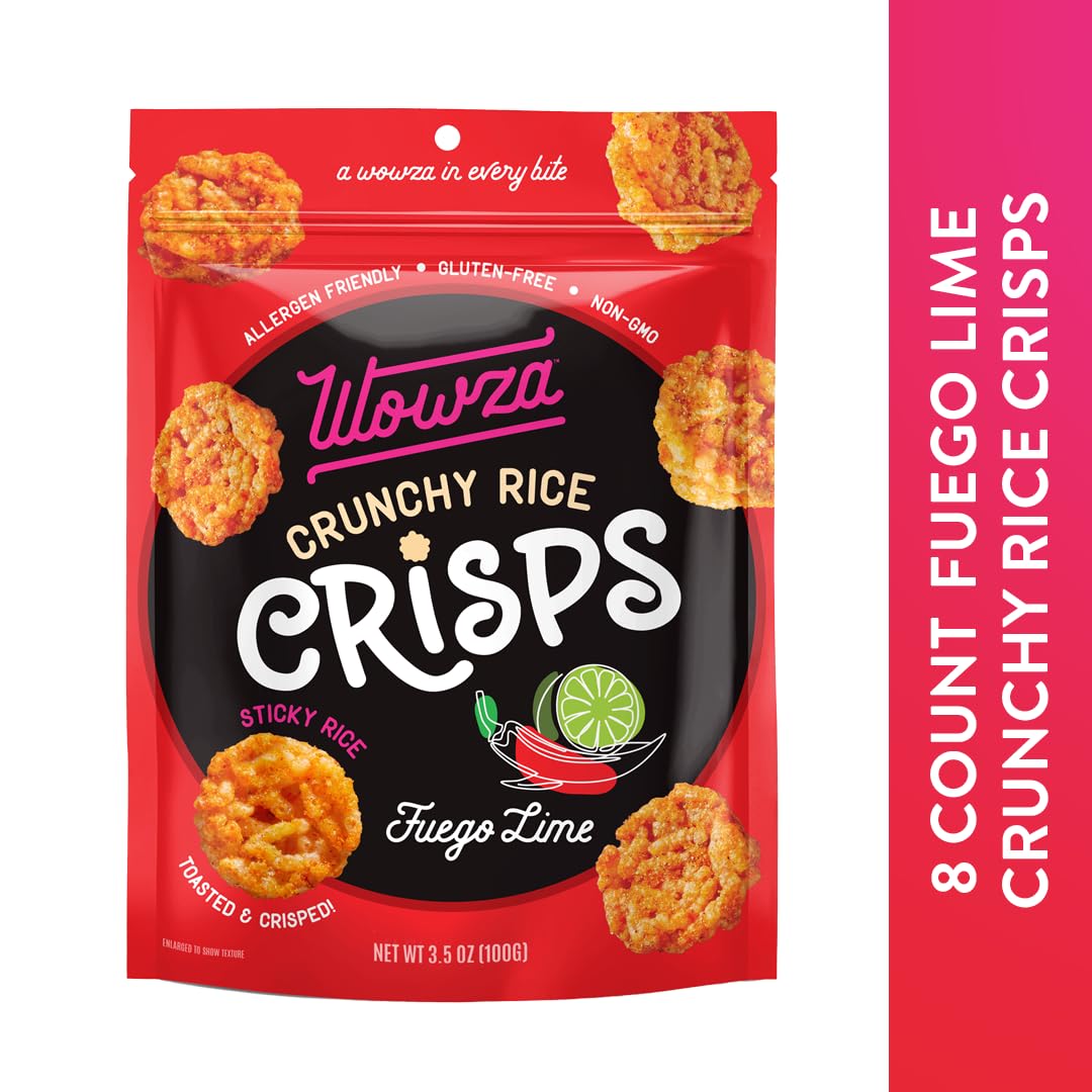 Wowza Fuego-Lime Rice Crisps, Healthy Sticky Rice Crunchy Rice Crisps, 3.5 oz bag (8 pack)