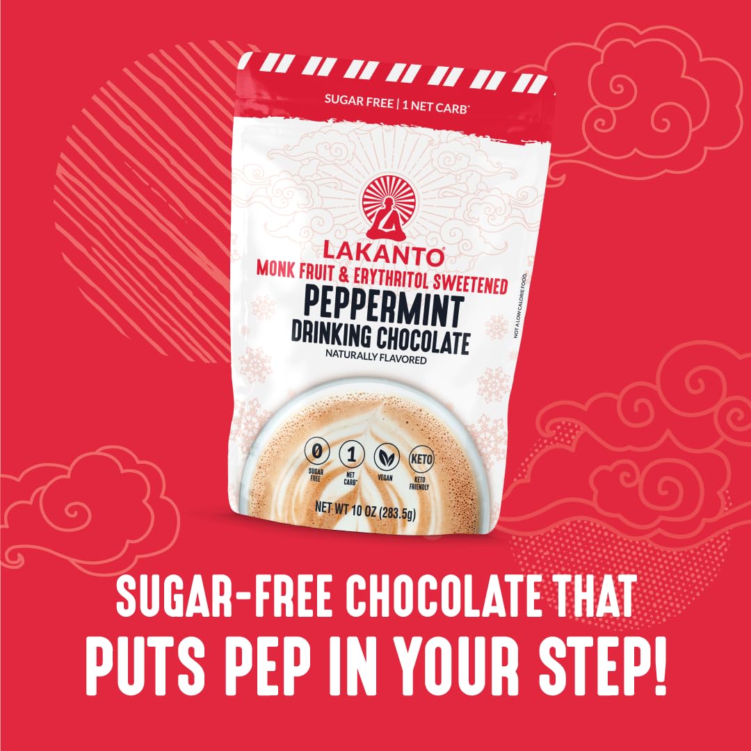 Lakanto Sugar Free Peppermint Drinking Chocolate - Cold Or Hot Cocoa Powder Mix, Shelf Stable Probiotics, Monk Fruit Sweetener,