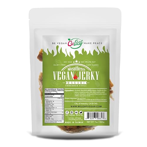Beleaf Wasabi Vegan Jerky | Wasabi Hot Meat-Like Plant-Based Jerky | Delicious Meat Substitute | Low Carb, Non-Gmo, Dairy Free,