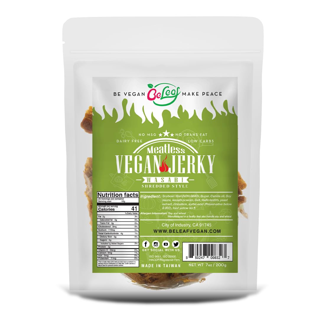 Beleaf Wasabi Vegan Jerky | Wasabi Hot Meat-Like Plant-Based Jerky | Delicious Meat Substitute | Low Carb, Non-Gmo, Dairy Free,