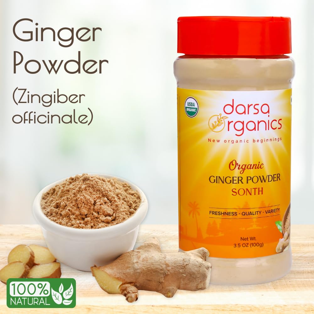 Darsa Organics Ginger Powder - 3.5 Oz, Ground Ginger Root Powder From India Aromatic & Flavorful For Tea, Curries, Juices, Seaso