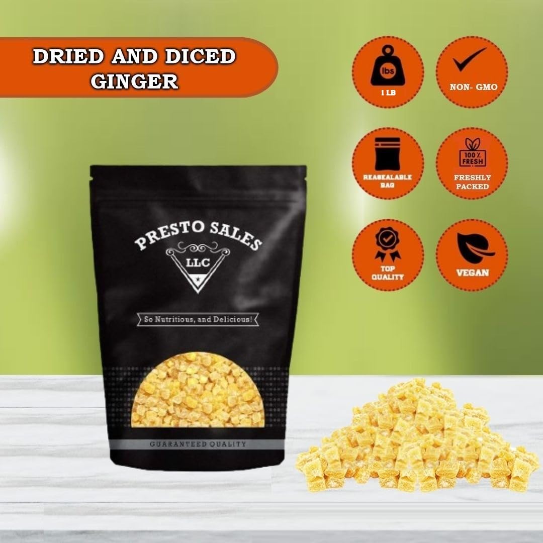 Presto Sales Crystallized Ginger Pieces 16 oz | Unsulphured Dried Candied Ginger 3-5 mm Pieces | All Natural, Non-GMO | Resealab