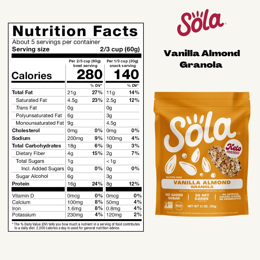 Sola Low Carb & Keto Friendly Granola, Vanilla Almond - Low Sugar, Naturally Flavored, Gluten Free & No Artificial Colors, Flavo