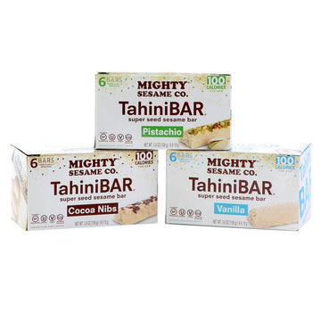 Mighty Sesame TahiniBars, Variety Pack (18 Bars) | 6 Pistachio - 6 Vanilla - 6 Cocoa Nibs | 100 Calorie Mini Halva Bars | Indivi