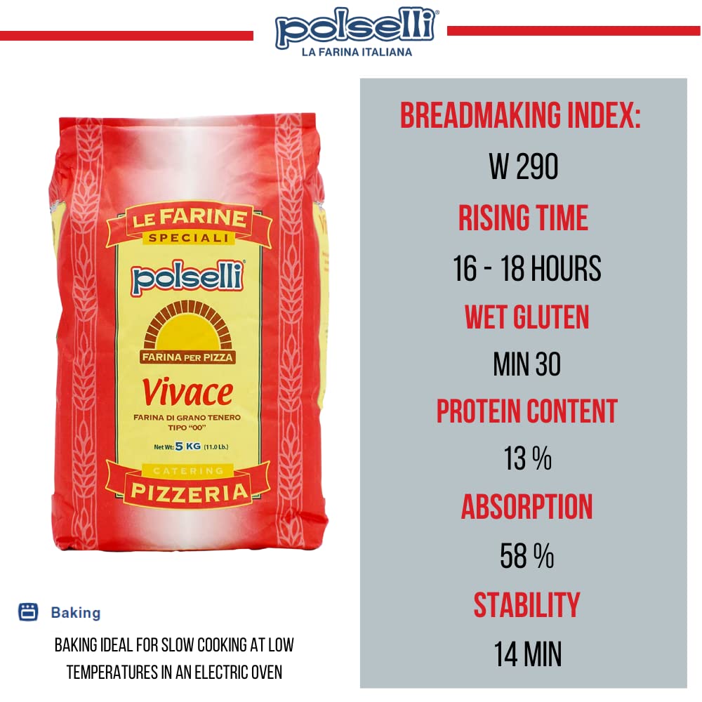 POLSELLI Vivace Double Zero Flour, Napoletana Pizza Dough Mix, 5 kg, Red Bag