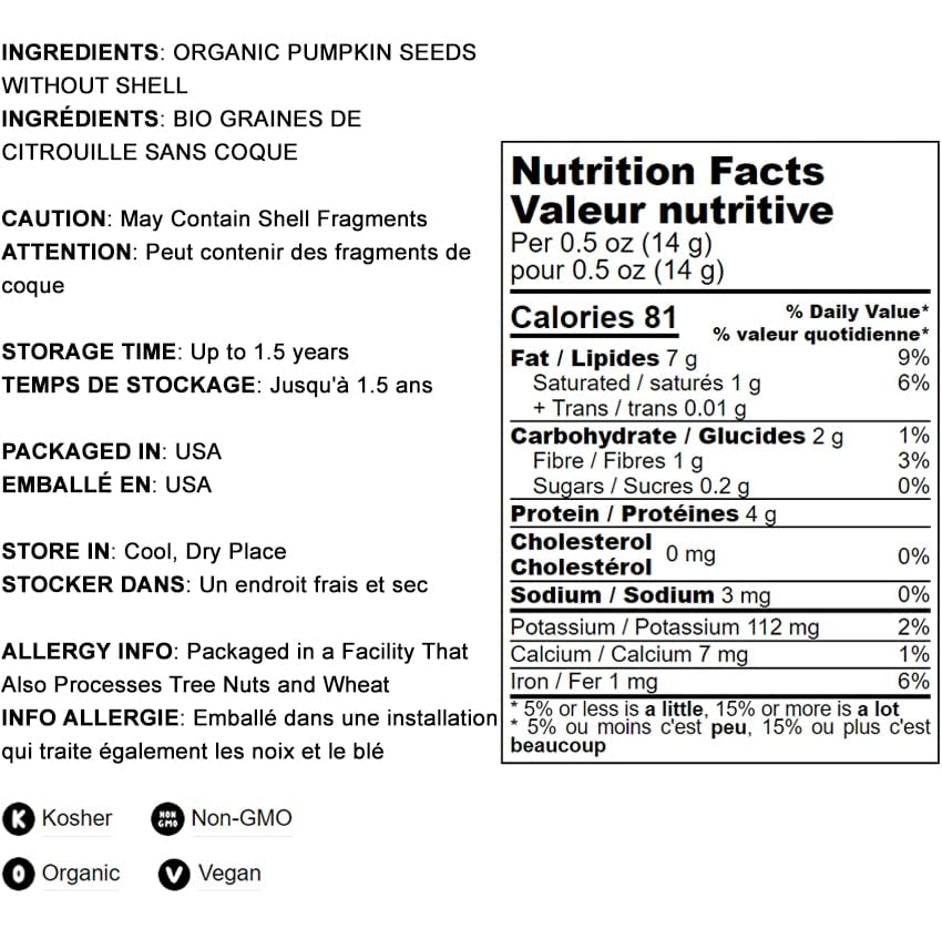 Food To Live Organic Dry Roasted Pumpkin Seed Kernels, 2 Pounds - Non-Gmo, Unsalted, Oven Roasted Whole Pepitas, No Oil Added, Shelled, Vegan, Kosher, Keto, Bulk. Low In Carbs. High In Protein.