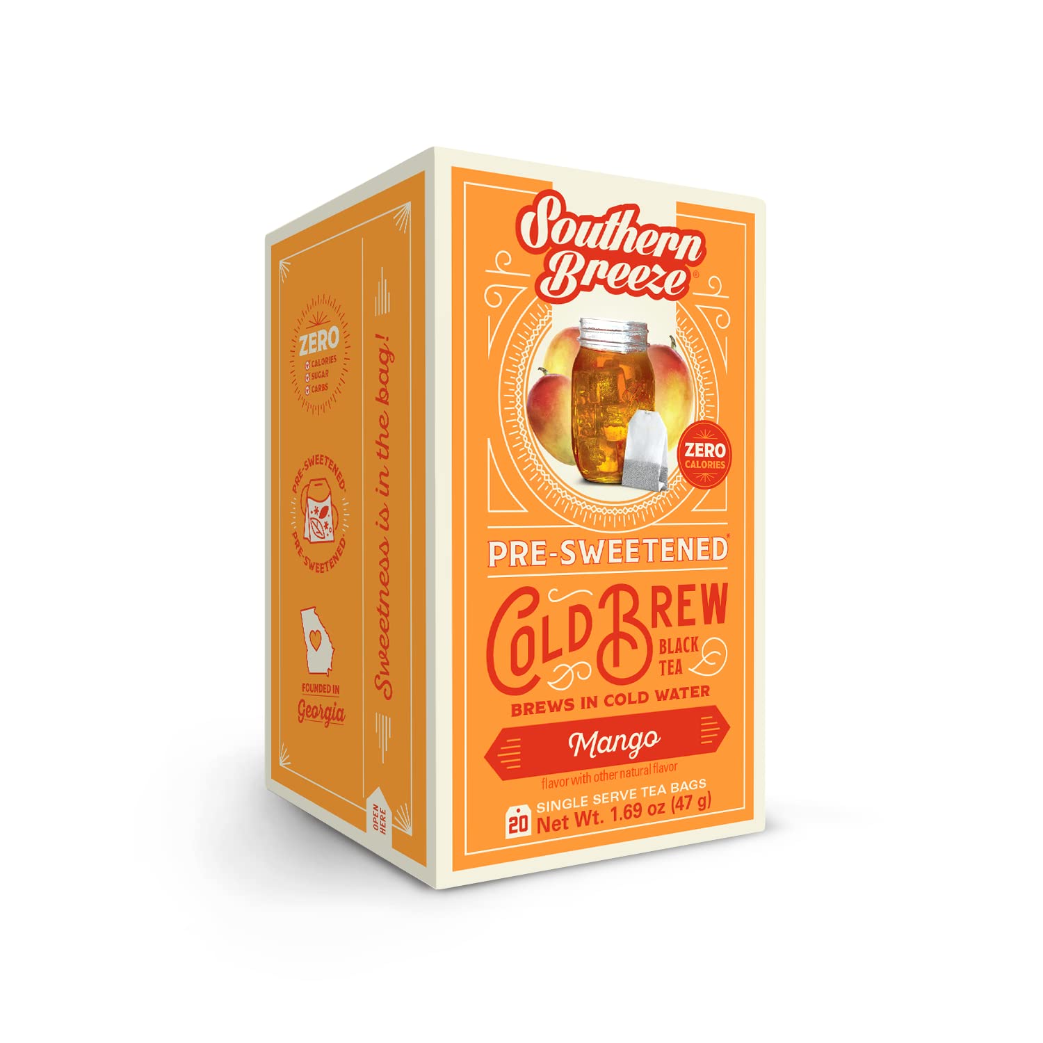 Southern Breeze Cold Brew Sweet Tea Mango Iced Tea With Black Tea And Zero Carbs Zero Sugar, 20 Individually Wrapped Tea Bags Southern Sweet Tea Iced Tea Beverage