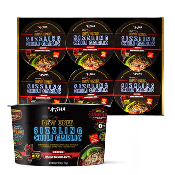 A-Sha X Hot Ones Spicy Ramen Noodle Soup Bowl  6 Pack  Sizzling Chili Garlic (Medium Heat) Flavor  Top-Grade Microwaveable Ramen Soup Mix  12G Plant-Based Protein