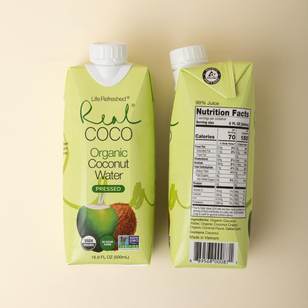 Life Refreshed Organic Pressed Coconut Water, 12-Pack (500mL), USDA Organic, No Sugar Added, Essential Electrolytes, Non-GMO, Dairy & Soy Free