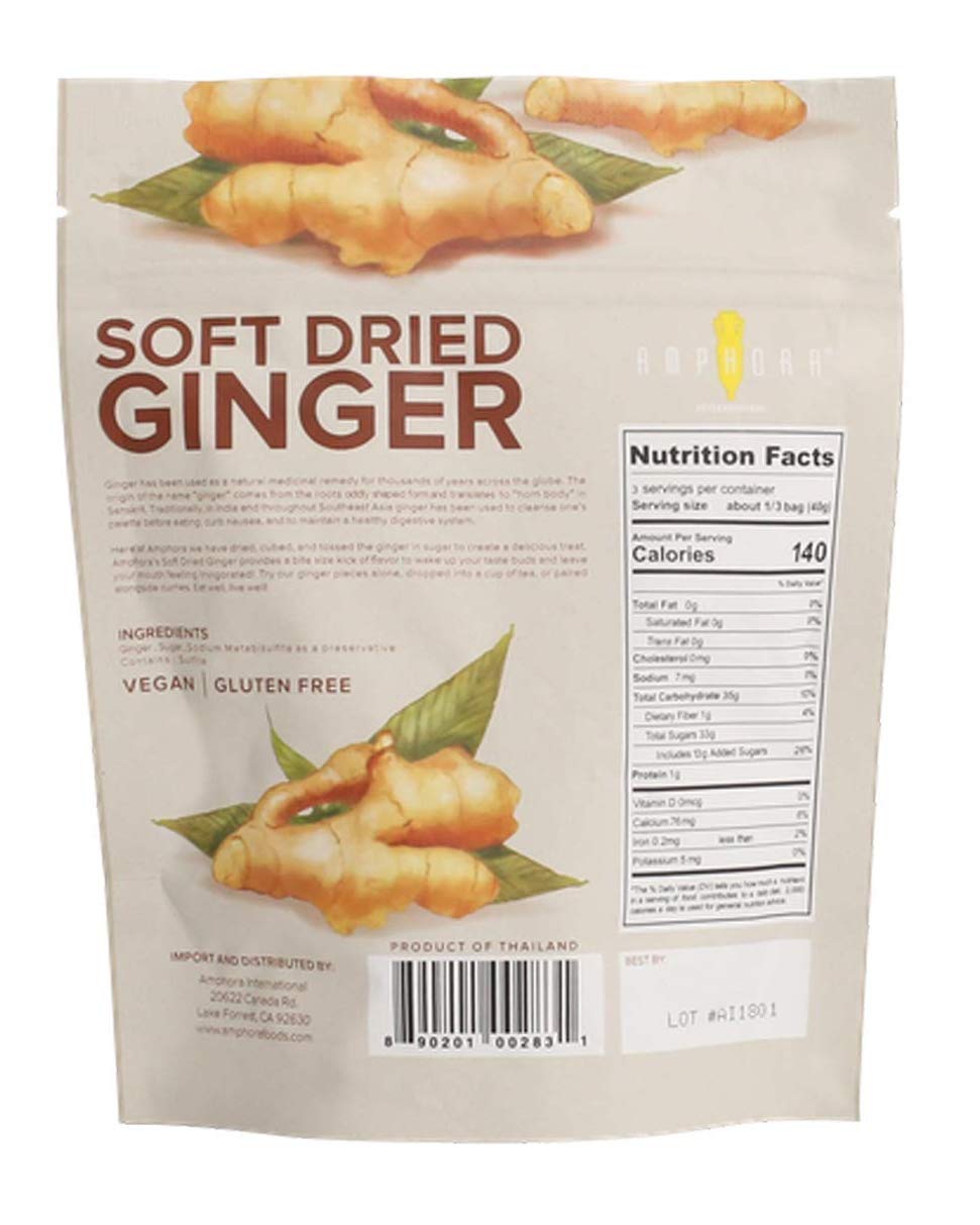 AMPHORA Soft Dried Ginger, 4 oz Pouch, Case of 6 - Natural Flavor, Ideal for Cooking and Baking