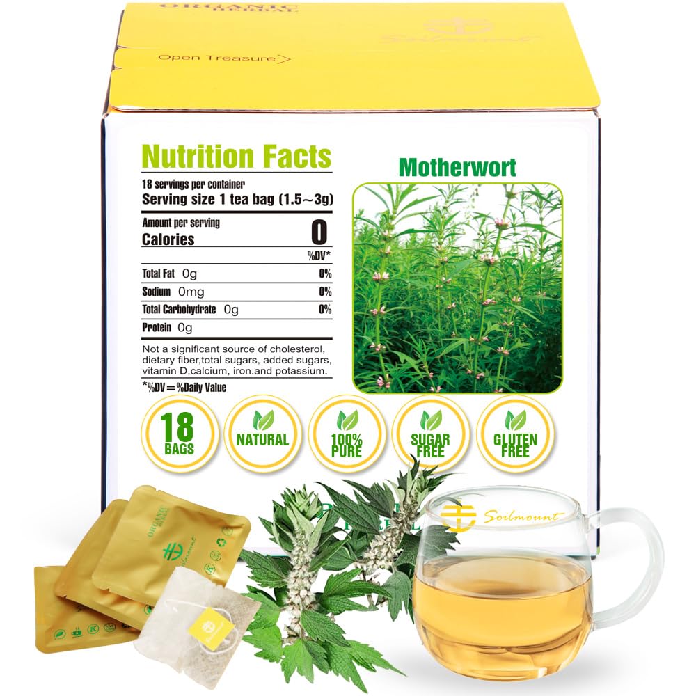 Soilmount 100% Natural Motherwort Tea, Decaffeinated Loose Leaf, 18 Bleach-Free Tea Bags, Caffeine-Free