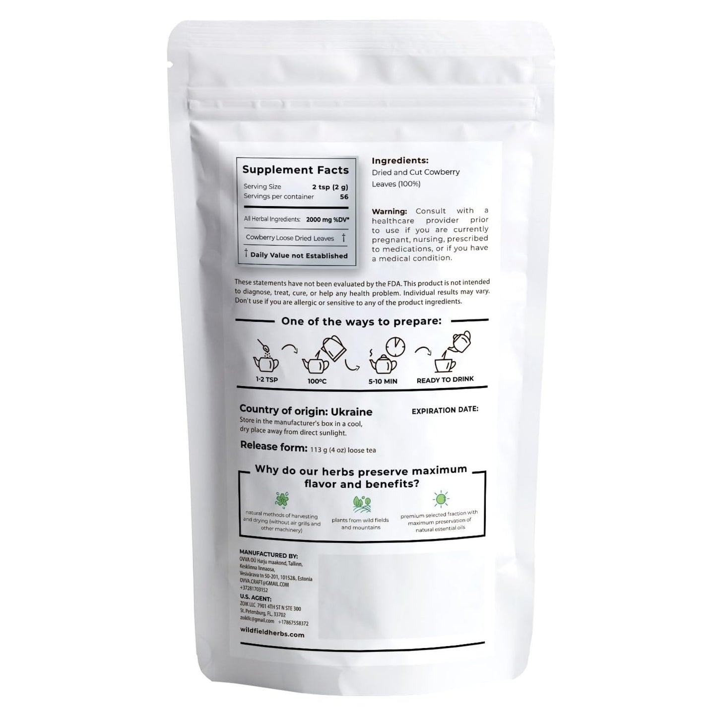 4 Oz. Dried Cowberry Lingonberry Leaves Herbal Tea (Folium Vitis Idaea L.) - 113G Cowberry Leaf Herb Tea Hojas De Ar  Ndano Rojo