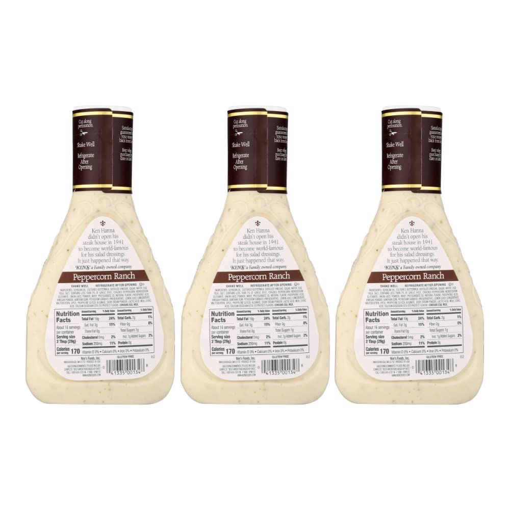 Ken'S Steak House Peppercorn Ranch Dressing (Peppercorn Ranch, 16 Fl Oz, Pack Of 3)