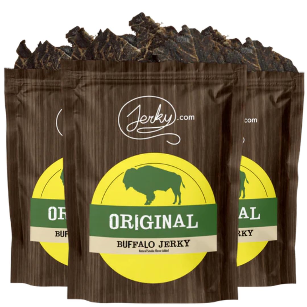 Jerky.com Original Buffalo Jerky 3-Pack - High Protein, Gluten-Free, 1.75oz (Pack of 3) - All-Natural Exotic Snack