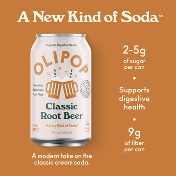 OLIPOP Prebiotic Soda, Classic Root malt-inspired, 12 Fl Oz, Pack of 12, Gluten Free, Vegan, Non-GMO