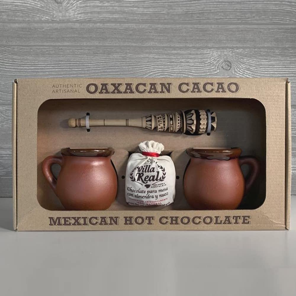 Hot Chocolate Lovers Gift Set by Verve CULTURE | Villa Real Hot Chocolate with Almonds + Wooden Molinillo Frother + 2 Handcrafte
