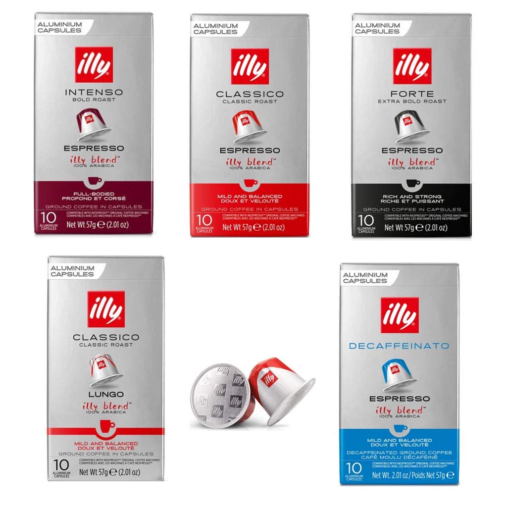 illy Aluminum Espresso Capsules Compatible with Nespresso - Classico, Forte, Intenso, Decaf, Lungo - 10 Count (Pack of 5)