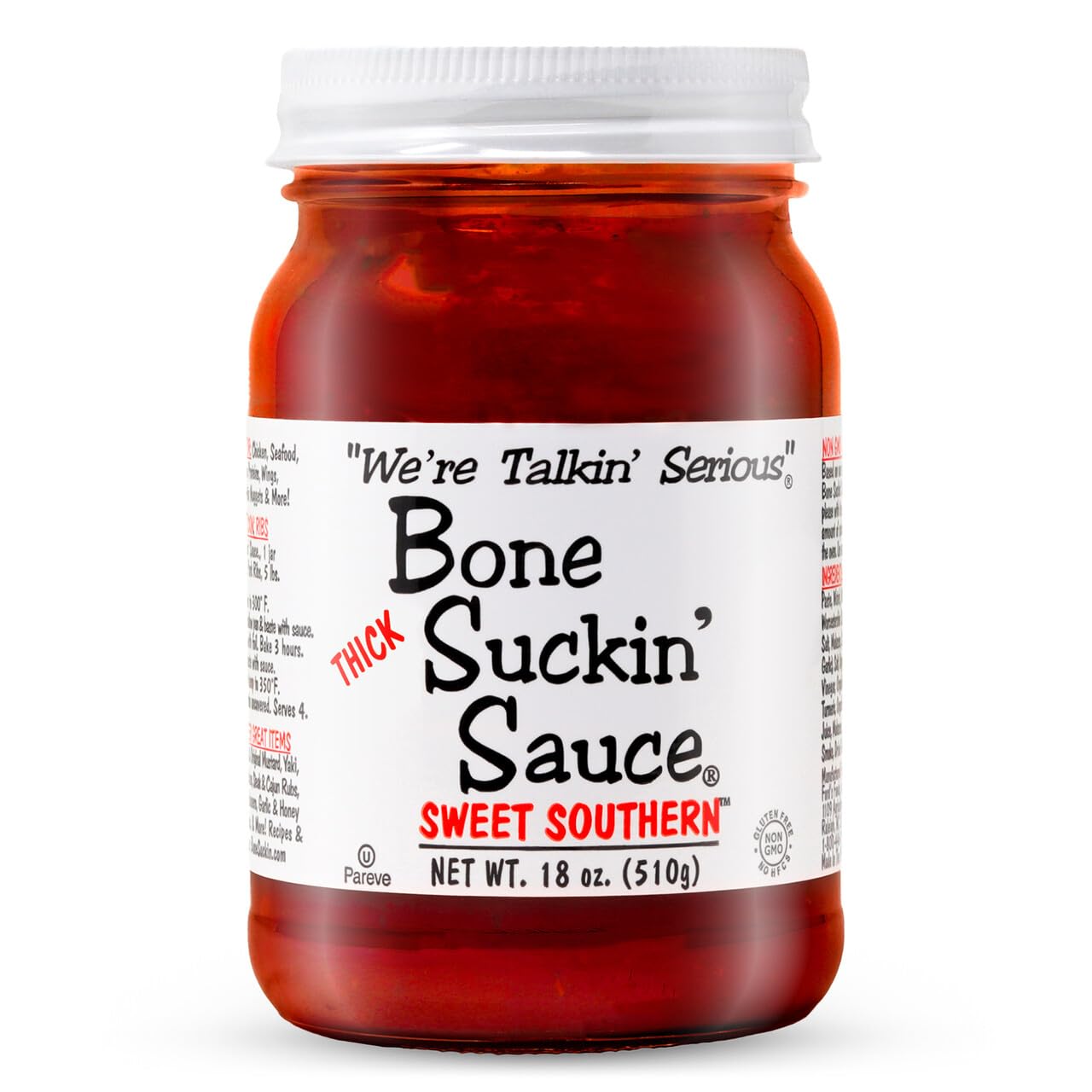 Bone Suckin' Sauce Sweet Southern Thick BBQ Sauce, 18 oz Glass Bottle, For Ribs, Chicken, Pork, Beef - Gluten-Free, Non-GMO, Kos