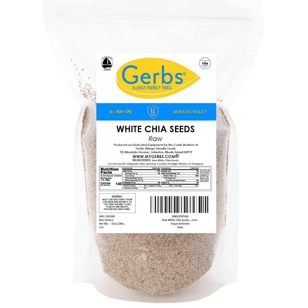 Gerbs Raw White Chia Seeds 2 Lbs. Premium Grade | Freshly Harvested & Packaged In Resealable Bulk Bag | Non-Gmo, Keto & Paleo Cl
