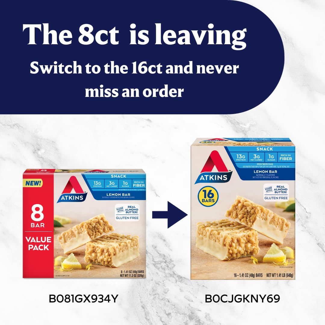 Atkins Lemon Snack Bar, Made with Real Almond Butter, 1g Sugar, Gluten Free, High in Fiber, Keto Friendly, 8 Count