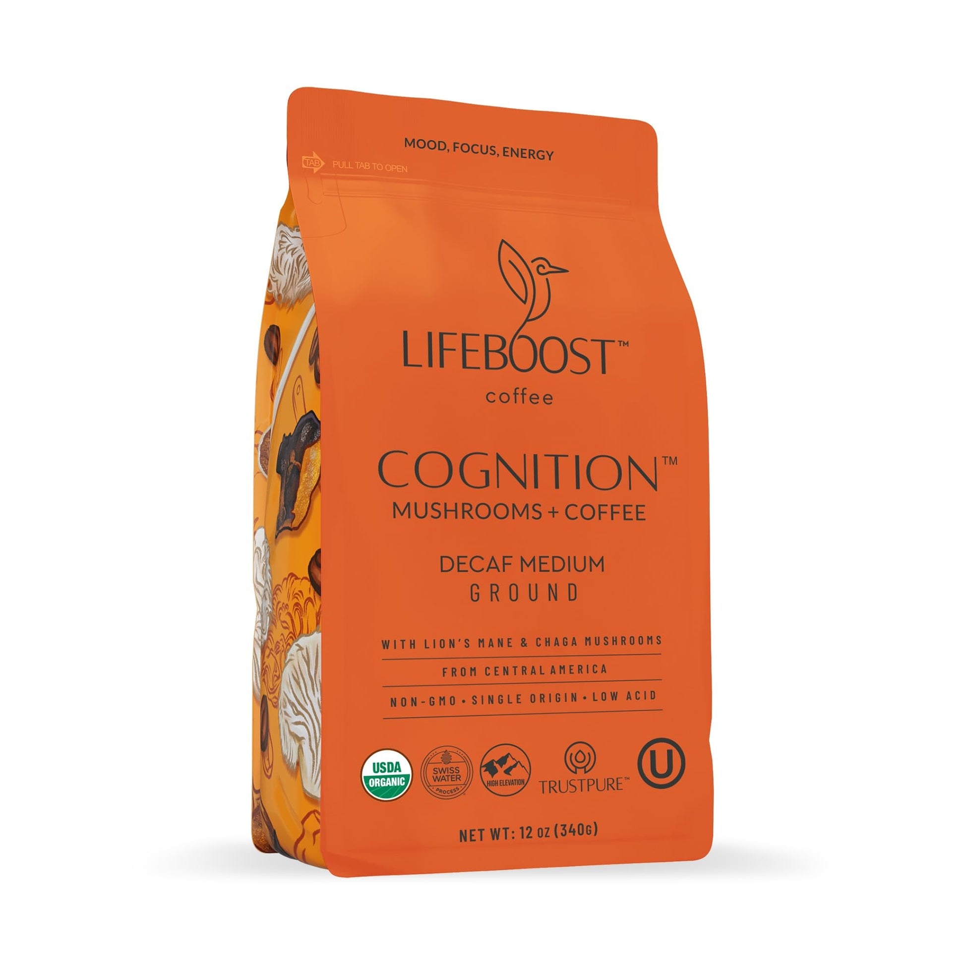 Lifeboost Cognition Adaptogenic Decaf Mushroom Coffee - Low Acid Decaf Medium Organic Coffee with Nootropic Lions Mane & Chaga M
