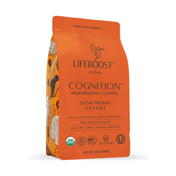 Lifeboost Cognition Adaptogenic Decaf Mushroom Coffee - Low Acid Decaf Medium Organic Coffee with Nootropic Lions Mane & Chaga M