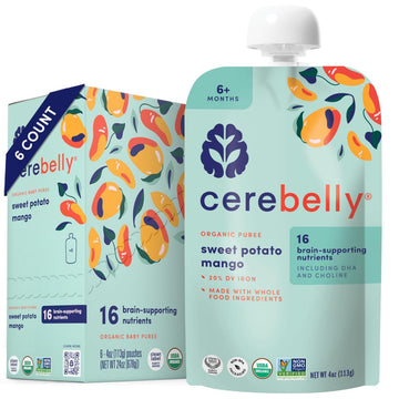 Cerebelly Organic Baby Food Pouches, Sweet Potato Mango Purees, 16 Nutrients, No Added Sugar, Fiber & Non-Gmo, 4Oz, 6 Pack