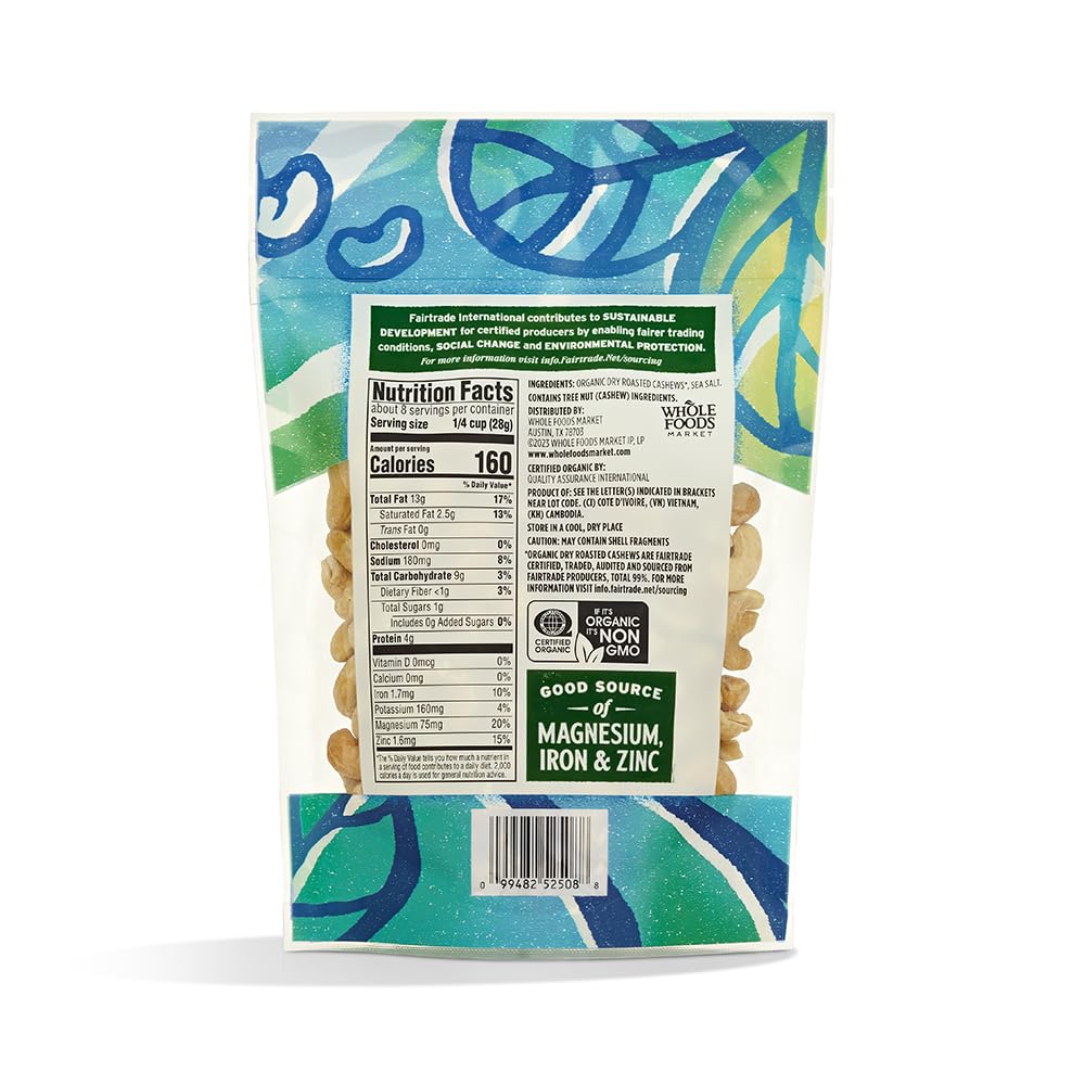 Whole Foods Market Organic Dry Roasted Cashews With Sea Salt, 8 Oz